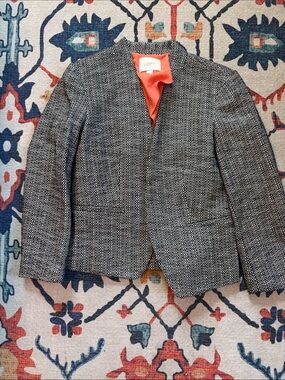 LOFT Black & White Woven Tweed Collarless Blazer with Coral Lining
